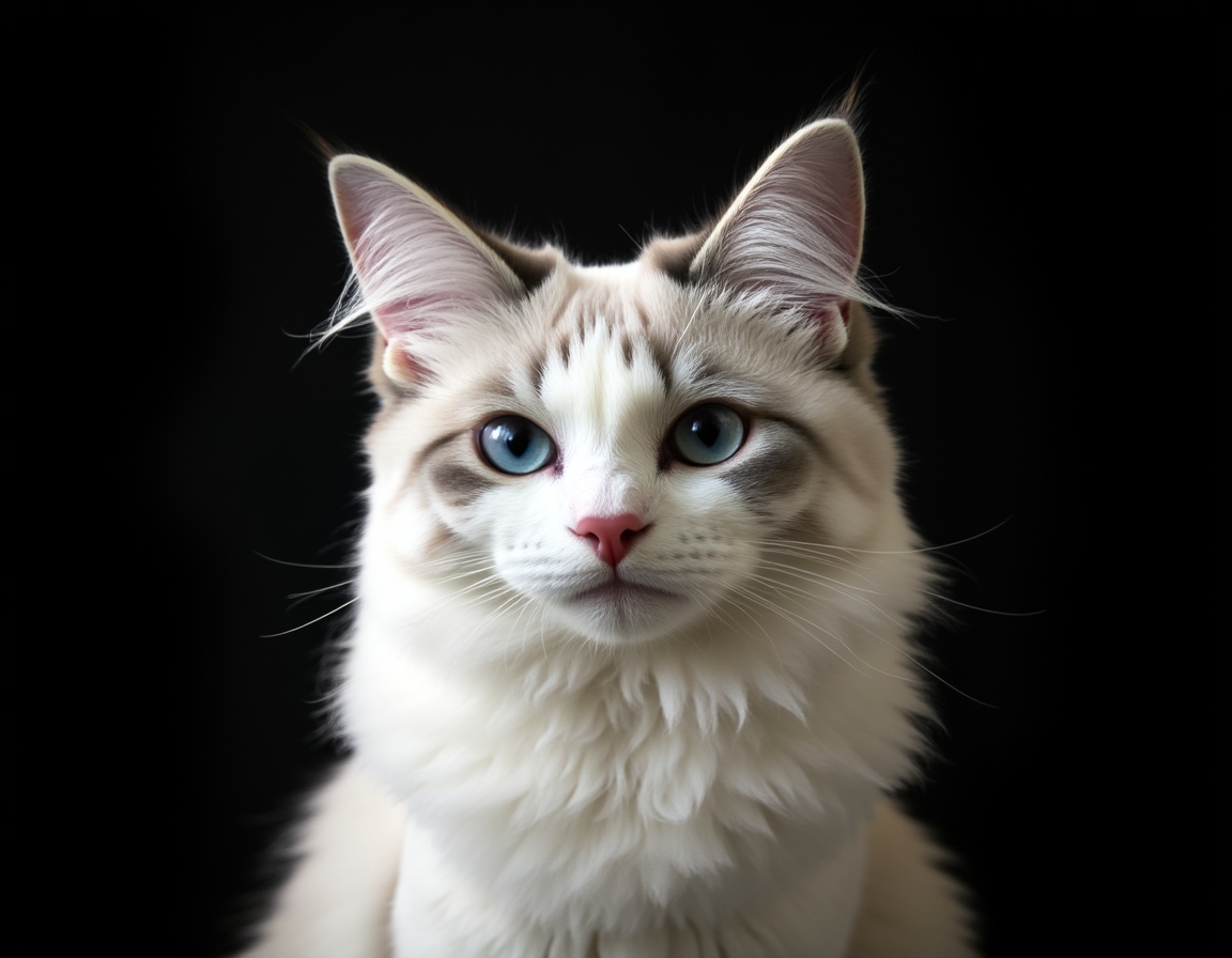 Close-up portrait of cat on a black background, with its alert expression and intricate details of its fur and whiskers in sharp focus.